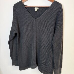 L.L.Bean Textured Knit V-Neck Sweater Charcoal Gray Large Petite
